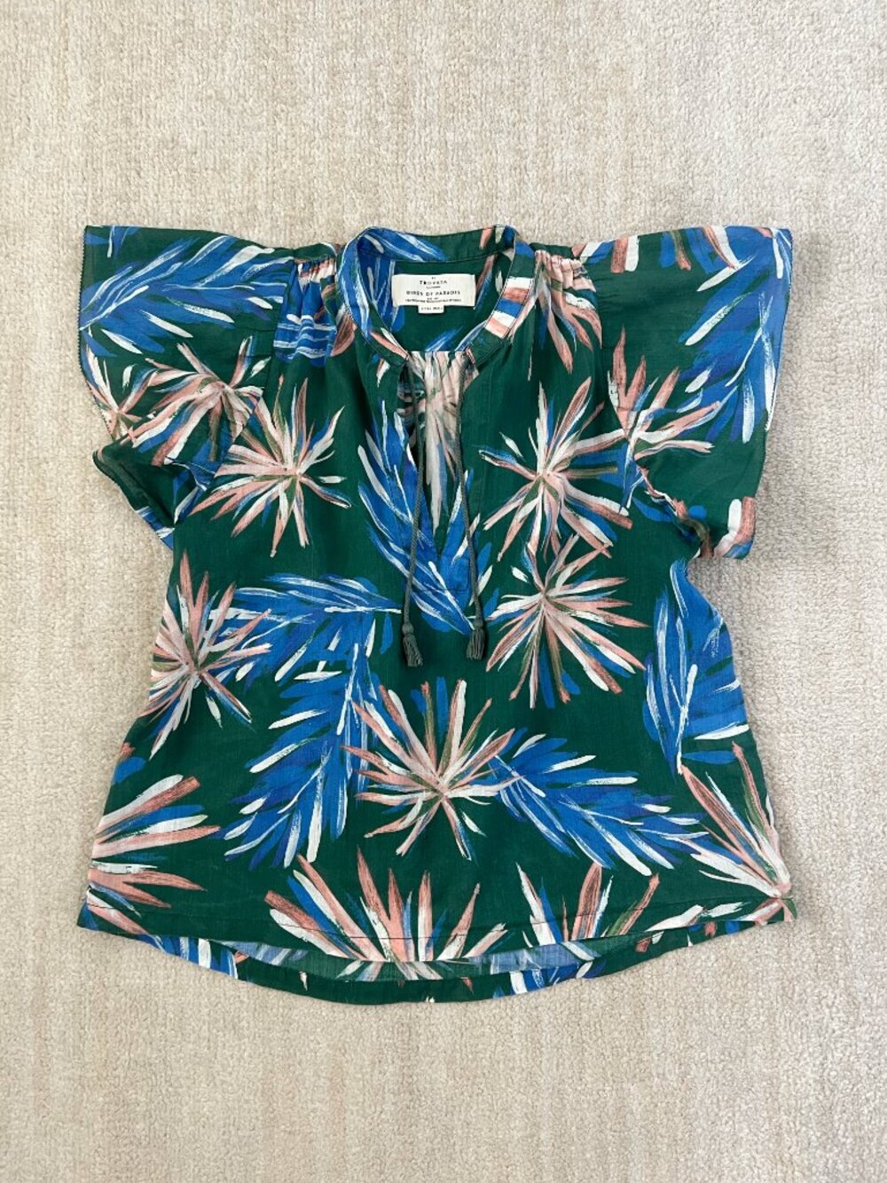 Trovata Birds of Paradis Brett Tropical Palm Boho Summer Cotton Blouse Top XS